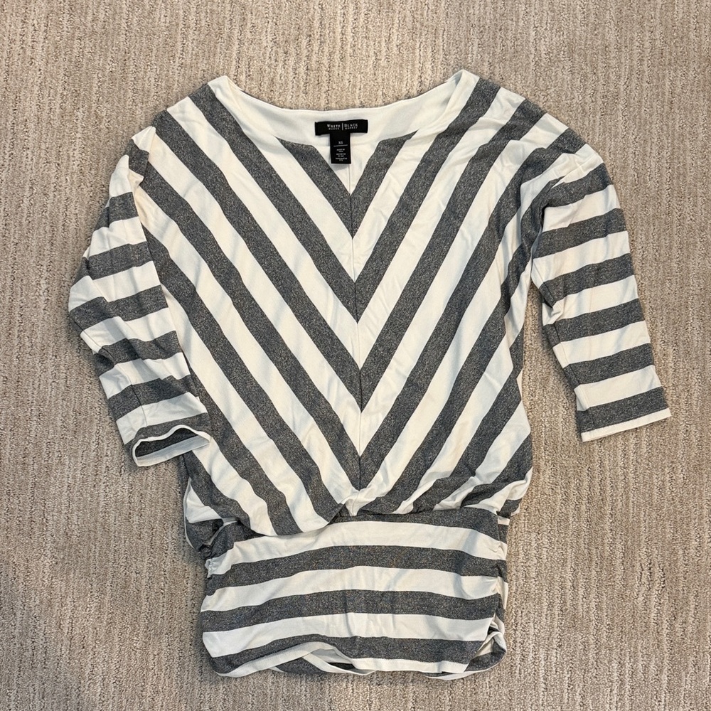 White House Black Market Gray and White Striped Long Sleeve Top